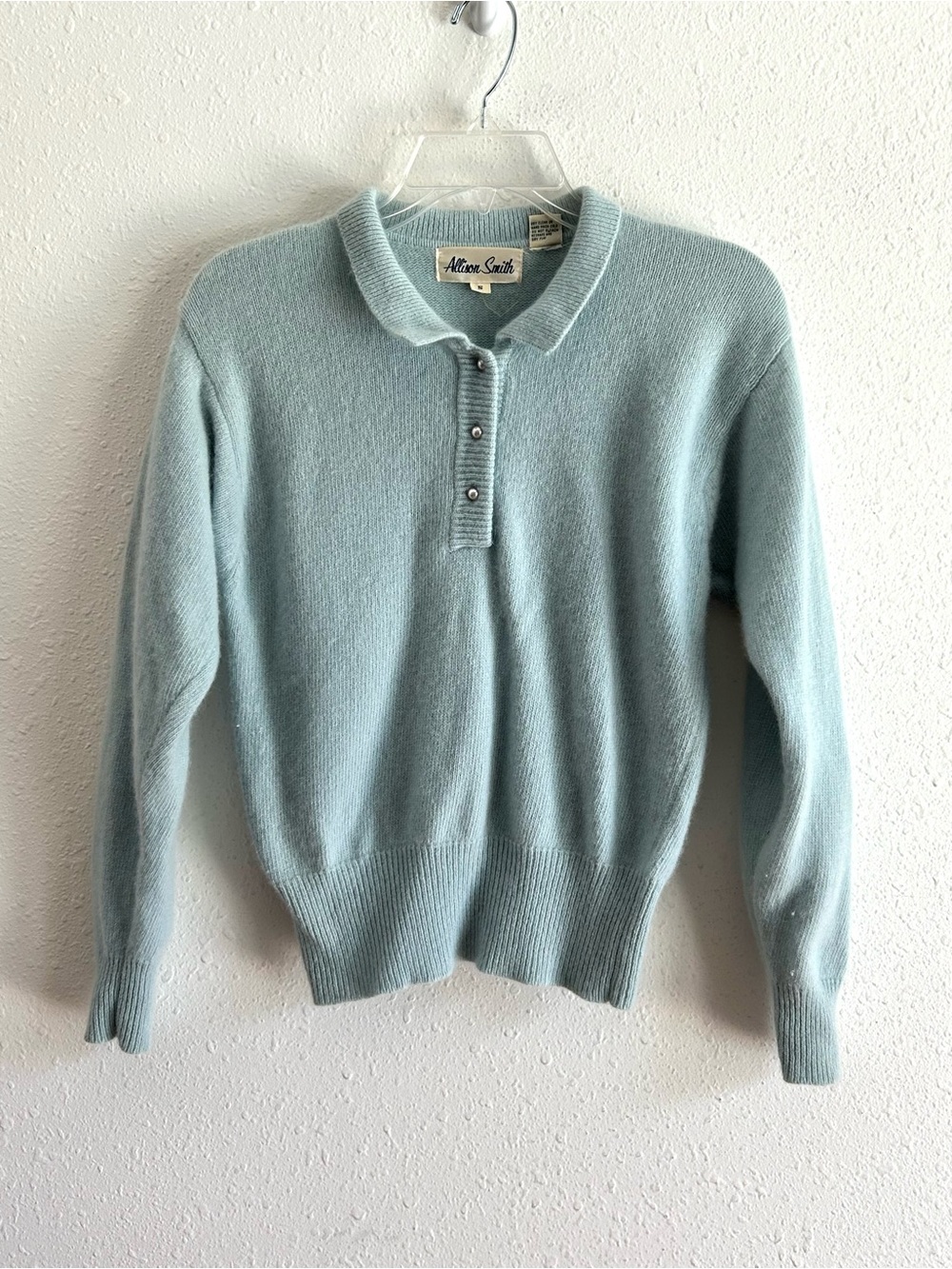 VTG Allison Smith Collared Sweater Women's Sz S Blue Lambswool Angora Buttons